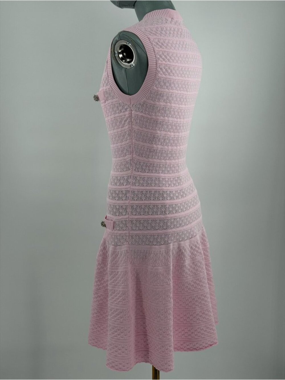 🆕 SELF-PORTRAIT 🧿 NWOT Pink Pointelle Diamante Button Knit Mini Dress, Sz M - Picture 9 of 16